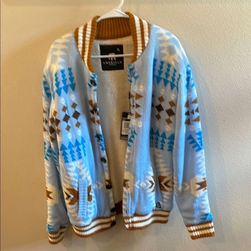 American Stitch Men's Light Blue and Brown Geometric Cardigan